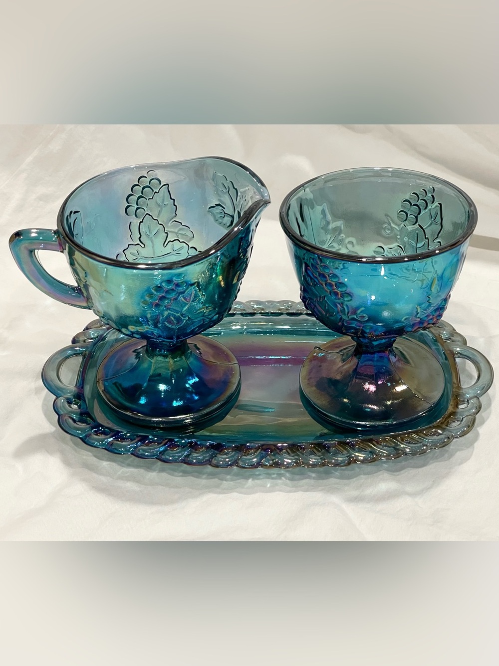 Indiana Glass Harvest Grape Blue Carnival Glass Creamer, Open Sugar & Tray Set